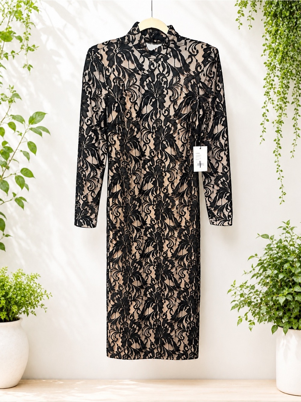 NWT Mexx Black Lace Nude Lined Open Back Bodycon Midi Dress S